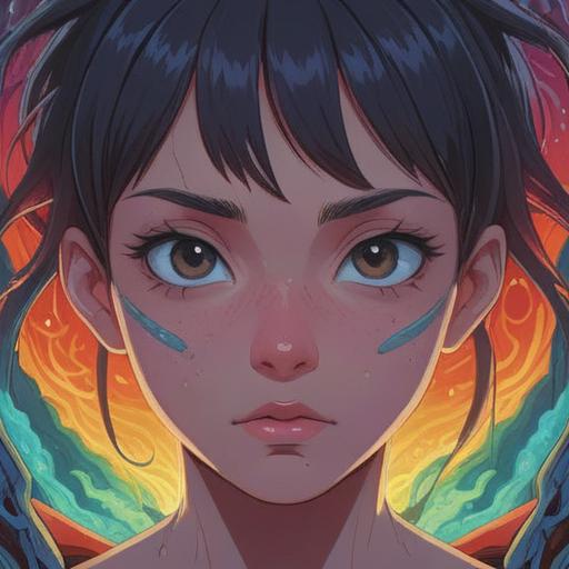 A mystical scene featuring a close-up of a person's forehead with a noticeable pimple above the eyebrows, surrounded by a soft glow, ethereal symbols floating around, representing spiritual awakening, warm sunlight cascading down, serene expression on the person's face, nature in the background, harmonious colors, peaceful atmosphere, 4k