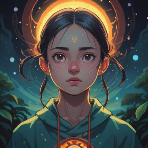 A mystical illustration of a person's eyebrows highlighted with tiny, glowing spots that represent spiritual enlightenment, serene expression, ethereal light, surrounded by nature, soft pastel colors, a sense of harmony and positivity, celestial elements, symbolic representation of growth and healing, 4k