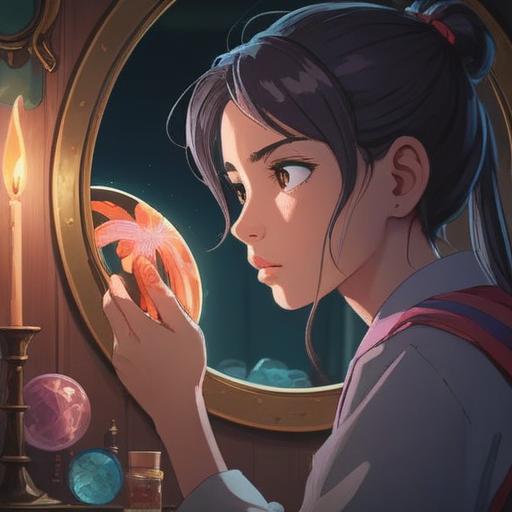 A person examining their reflection in the mirror, furrowing their brows in concern, a close-up of a pimple on their eyebrow, symbolic elements surrounding the face, glowing aura, serene background, gentle lighting, spiritual symbolism, introspective atmosphere, 4k