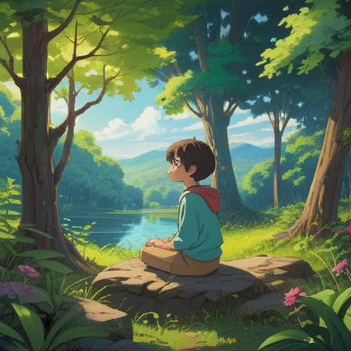 A serene and peaceful scene depicting a young person practicing mindfulness, surrounded by soothing nature, gentle sunlight filtering through the trees, a calm expression on their face, focusing on self-acceptance and inner peace, overcoming challenges like acne on their eyebrows, soft colors, harmonious atmosphere, intricate details, 4k