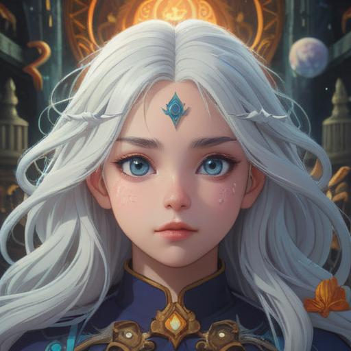 A spiritual illustration depicting a single white hair in an eyebrow, symbolizing wisdom and enlightenment, serene facial expression, surrounded by ethereal light, mystical aura, lush nature background, deep meaning and reflection, 4k