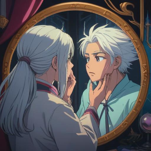 A mystical scene depicting a person examining their reflection in a mirror, a single white hair in their eyebrow, surrounded by ethereal light, symbols of spiritual awareness in the air, feelings of introspection, connection to the universe, elements of calm and serenity, emphasized facial expression, soft focus, detailed environment, 4k
