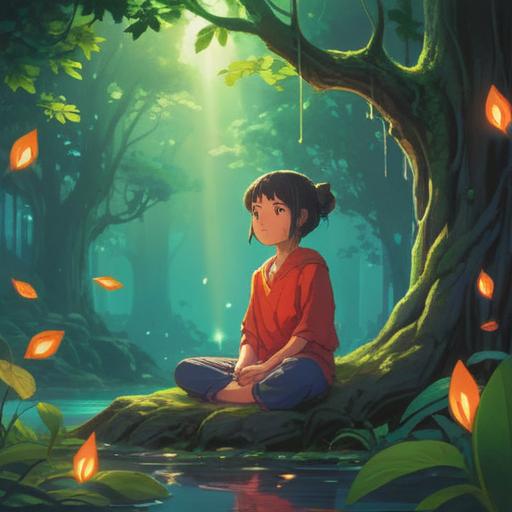 A serene scene depicting a person peacefully meditating under a tree, gentle breeze moving leaves, soft ethereal glow around the head, symbols of spirituality in the background, facial expression showing tranquility, vibrant nature setting, harmonious color palette, spiritual awakening elements, 4k