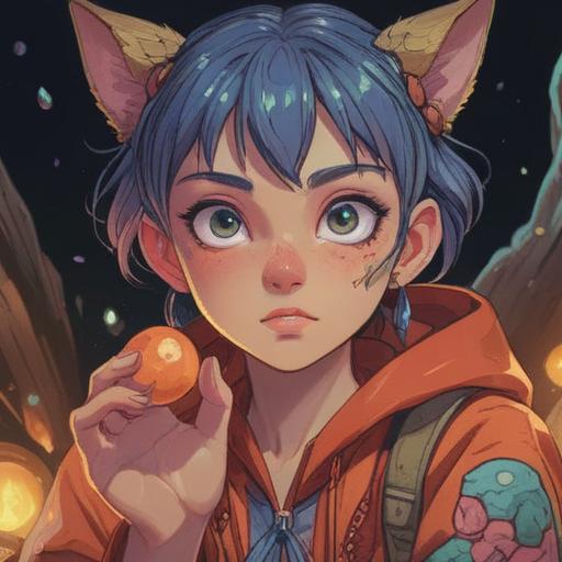 A whimsical illustration of a person with itchy eyebrows, holding a lucky stone, bright and cheerful colors, humorous expression, magical sparkle around the stone, cozy indoor setting, random objects scattered around, playful atmosphere, 4k