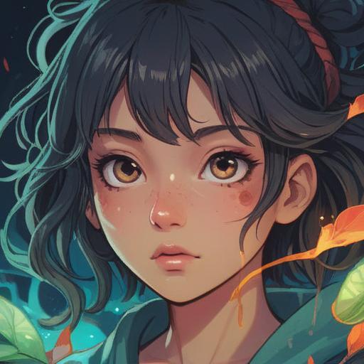 A mystical illustration depicting the spiritual meaning of acne located at the eyebrow, ethereal glow, symbolic elements of personal growth, reflection, and emotional release, serene facial expression, harmonious surroundings, vibrant yet calming colors, 4k