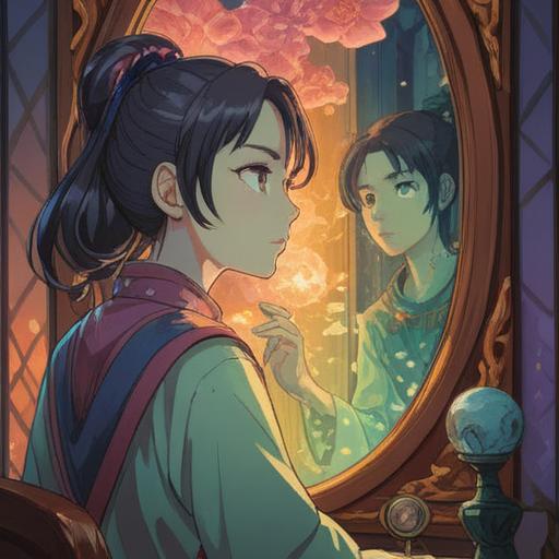 A spiritual illustration depicting a person thoughtfully examining their reflection in the mirror, a noticeable pimple at the eyebrow, surrounded by ethereal symbols like auras and zodiac signs, calming colors radiating tranquility, a serene and introspective atmosphere, subtle mystical elements in the background, emphasis on facial expression reflecting concern and awareness, 4k