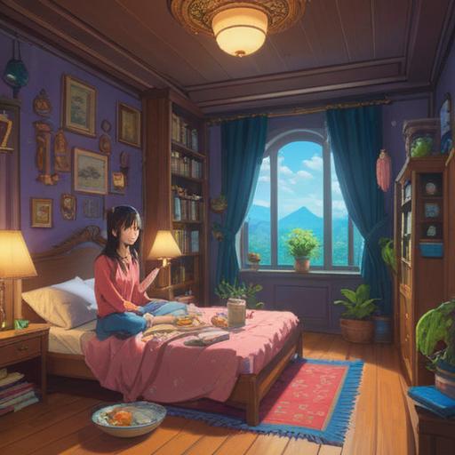 A serene lifestyle scene depicting a young person practicing self-care, healthy eating habits, skincare routine, meditation in a peaceful room, natural light streaming through the window, calming atmosphere, vibrant fruits and vegetables on a table, soothing skincare products arranged neatly, promoting well-being and clear skin, 4k