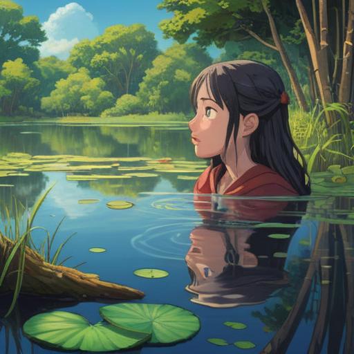 A mystical and serene illustration depicting a person gazing at their reflection in a calm pond, gentle ripples surrounding the face, spiritual symbols subtly appearing in the water, a warm sunlight filtering through lush greenery, an aura of positivity and growth, intricate details on the person’s features highlighting a small acne bump on their forehead, ethereal atmosphere, 4k