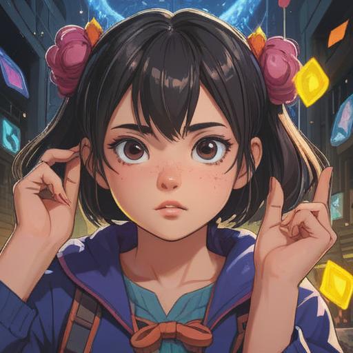 A cheerful illustration featuring a young character performing a lucky action to heal a pimple between their eyebrows, surrounded by magical sparkles and whimsical elements, reflecting positivity and hope, bright colors, uplifting atmosphere, detailed facial expression, cartoonish style, 4k