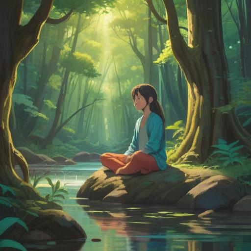 A serene nature scene depicting a person meditating in a tranquil forest, soothing sunlight filtering through the trees, gentle flowing stream nearby, soft greenery surrounding, a sense of calm and mindfulness, harmonious atmosphere, inviting space for reflection, 4k