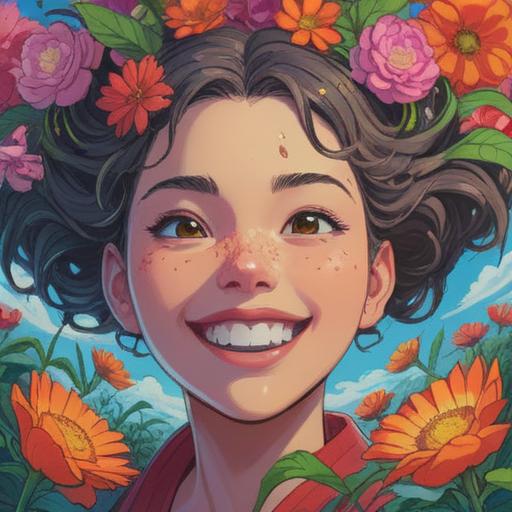 A vibrant illustration depicting a person smiling confidently, with a prominent pimple between their eyebrows symbolizing growth, surrounded by blooming flowers and bright sunlight, showcasing a journey of self-acceptance and positive transformation, uplifting atmosphere, engaging character expression, 4k