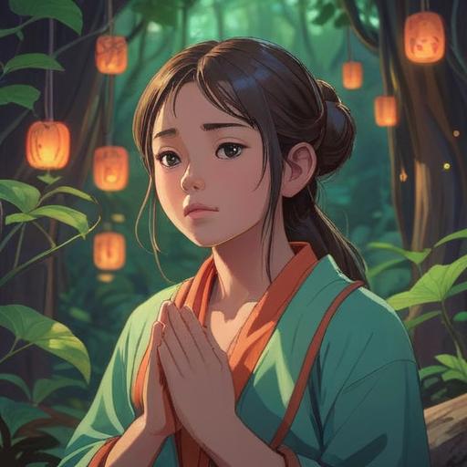 A woman meditating with a serene expression, gentle light illuminating her face, deep focus in her furrowed brow, surrounded by soft ethereal energy, symbols of spirituality in the background, peaceful atmosphere, nature elements like trees and flowing water, 4k