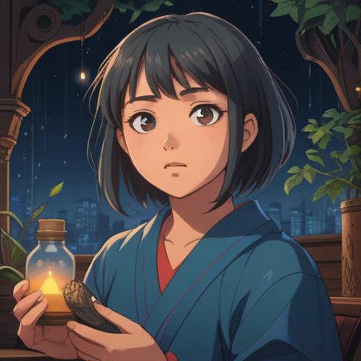 A serene scene of a person with a furrowed brow, surrounded by soothing essential oils, calming atmosphere, soft lighting, hints of a fragrant plant life, calming blue and green colors, a sense of relaxation, cozy space with candles, aromatherapy experience, 4k