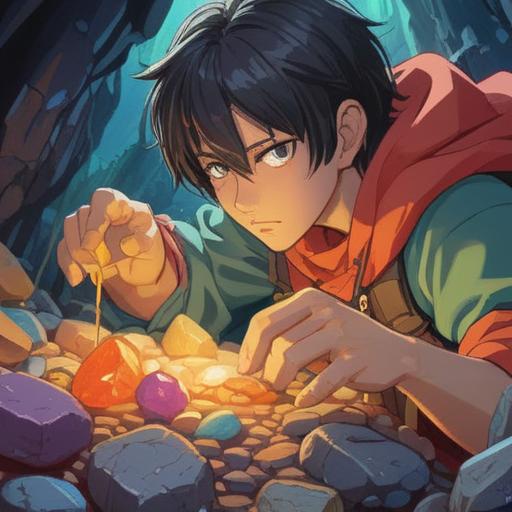 A close-up illustration of a person examining a lucky stone, vibrant colors, detailed texture of the stone, focused expression, sunlight reflecting off the stone, background hints of anxiety and hope, soothing atmosphere, healing theme, 4k