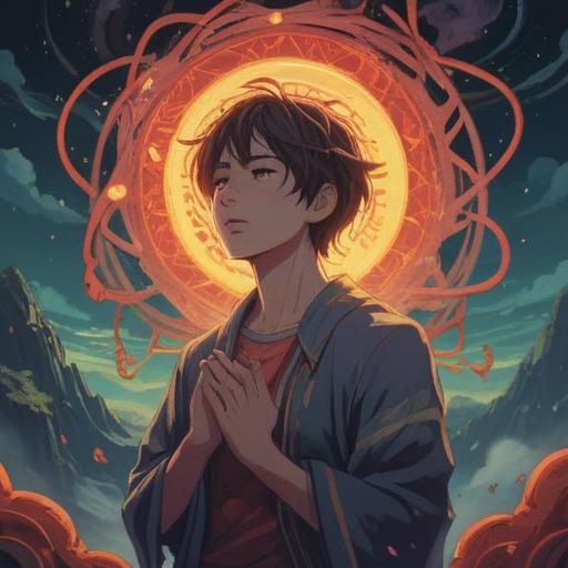 A mystical representation of a person holding their forehead in pain, surrounded by ethereal light, symbols of spiritual awakening, a serene backdrop of nature, vibrant colors reflecting the energy flow, abstract patterns illustrating inner turmoil and healing, peaceful yet intense atmosphere, captivating details, 4k