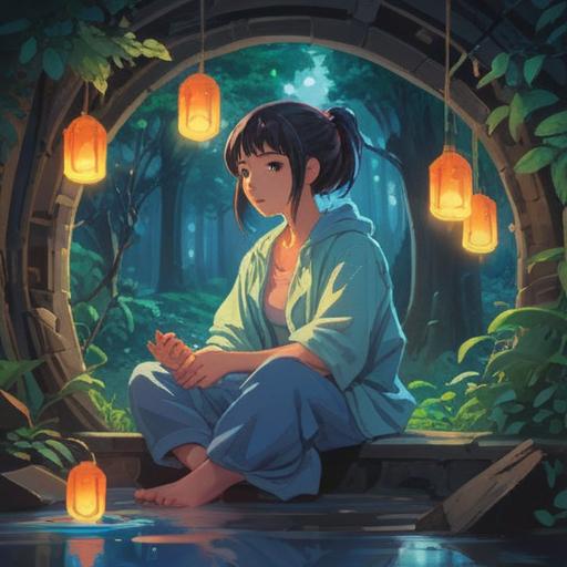 A serene and contemplative scene of a person sitting peacefully in a meditative pose, gentle light illuminating their forehead, ethereal energy swirling around, vibrant aura indicating spiritual growth and healing, soft nature backdrop with blooming flowers, calming atmosphere, 4k