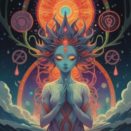 A mystical representation of spiritual signs, depicting various symbols and energies surrounding a person holding their forehead, expressions of discomfort and awareness, ethereal light and vibrant colors, dreamlike atmosphere, elements of nature intertwined, detailed illustrations of chakras and aura, 4k