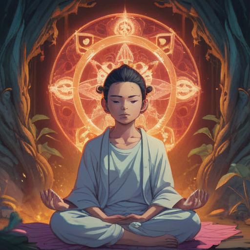 A mystical and serene illustration of a person meditating, a white pimple prominently on their forehead representing spiritual awakening, a soft glow surrounding their head, light emanating from their third eye, lush nature background, calming colors, ethereal atmosphere, introspective expression, tranquil energy, 4k