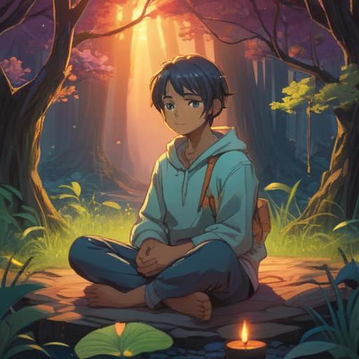 A serene and mystical illustration, a person sitting cross-legged in a tranquil setting, a gentle glowing aura around the forehead, subtle symbols of spiritual awakening, lush greenery and soft sunlight filtering through the trees, peaceful facial expression, ethereal ambiance, 4k