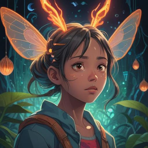 A person with a slightly swollen forehead due to an insect bite, surrounded by glowing spiritual symbols, an ethereal light illuminating their face, expressing concern, nature background with serene elements, butterflies fluttering around, capturing a moment of reflection and awareness, vibrant colors, mystical atmosphere, 4k