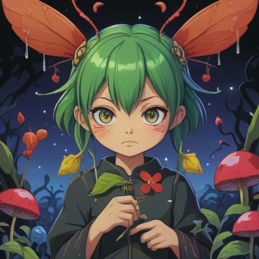 A whimsical illustration of a character with a swollen forehead due to an insect bite, surrounded by symbolic lucky items like four-leaf clovers, ladybugs, and horseshoes, a bright and cheerful color palette, playful and light-hearted atmosphere, detailed expressions of surprise and humor, cartoonish style, vibrant background elements, 4k