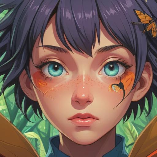 A close-up of a person's forehead with a noticeable insect bite, subtle expression of discomfort, warm sunlight illuminating the scene, contemplative mood, natural background with soft greenery, focus on the forehead and surrounding skin, thought bubble illustrating deep realizations, vibrant colors, 4k