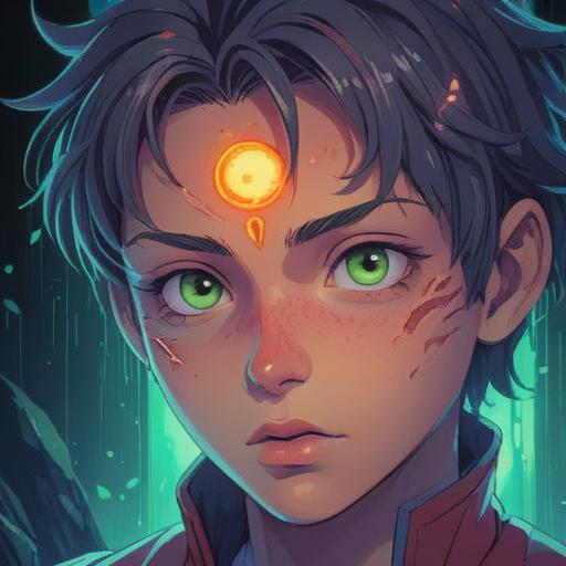 A close-up of a person's forehead displaying a prominent pimple, surrounded by a soft, ethereal glow, symbolic of spiritual awakening, vibrant energy radiating from the pimple, mystical elements intertwined in the background, lush greenery and gentle light, conveying a sense of healing and positive transformation, serene facial expression, whimsical and dreamlike atmosphere, 4k