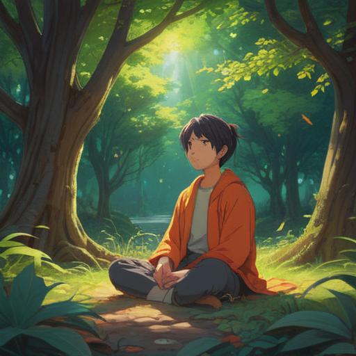 A serene moment in nature, a person sitting in meditation under a vibrant tree, gentle light filtering through the leaves, a sense of tranquility, symbolic imagery of spiritual awakening, energy flow represented by soft glowing orbs, peaceful expression, harmonious connection with the universe, clear blue sky, lush greenery, 4k