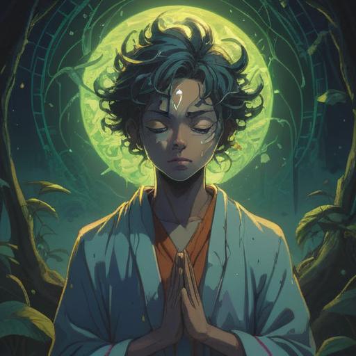 A spiritual illustration focusing on the significance of a pimple on the forehead, depicting a serene figure in deep meditation, surrounded by ethereal light, symbolic elements representing clarity and insight, vibrant colors conveying emotions, a mystical atmosphere, delicate details highlighting the forehead area, spiritual awakening themes, 4k