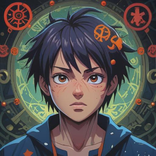 A close-up image of a person with a prominent pimple on their forehead, surrounded by mysterious symbols representing spiritual signs, soft ethereal lighting, deep emotional expression, nature elements in the background, mystical ambiance, focus on the forehead area, 4k