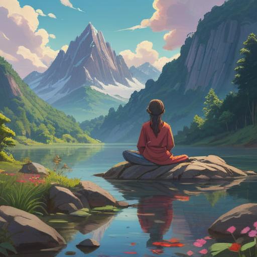 A serene nature scene representing methods to restore emotional balance, tranquil lake reflecting mountains, a person meditating on a rock, gentle breeze rustling leaves, soft sunlight filtering through trees, harmonious colors, peaceful atmosphere, mindfulness and relaxation elements, 4k