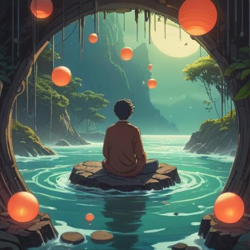 A serene illustration depicting a figure meditating in a tranquil setting, surrounded by gentle waves of energy, subtle light orbs illuminating the air, symbolic representation of inner peace and spiritual awakening, soft hues of blue and green, harmonious balance, ethereal winds suggesting enlightenment, 4k