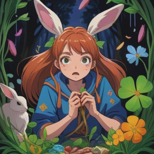 A whimsical illustration of a person experiencing itchy eyebrows, surrounded by lucky items such as a rabbit's foot, a four-leaf clover, a lucky coin, and bamboo, vibrant colors, cheerful atmosphere, playful character design, detailed background, magical realism, 4k