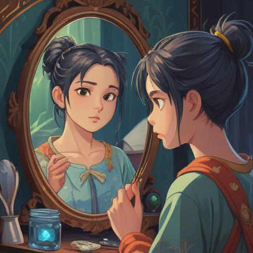 A whimsical illustration of a young person examining their reflection in the mirror, a noticeable pimple above their eyebrow, a shimmering lucky stone resting on the bathroom counter, soft lighting reflecting off the stone, a playful expression on their face, vibrant colors, detailed background with bathroom decor, uplifting atmosphere, 4k