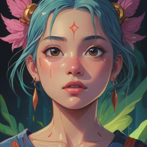 A mystical illustration depicting a person with a pimple on their eyebrow, symbolic representation of spiritual struggles, soft ethereal lighting, reflective expression on the face, elements of nature surrounding, deep connection to inner emotions, vibrant colors merging, 4k