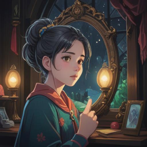 A thoughtful illustration depicting a person looking in the mirror, a noticeable pimple on their eyebrow, surrounded by ethereal light, symbolic elements like butterflies and subtle auras to represent spiritual signs, serene expression reflecting self-reflection and awareness, calming color palette, 4k