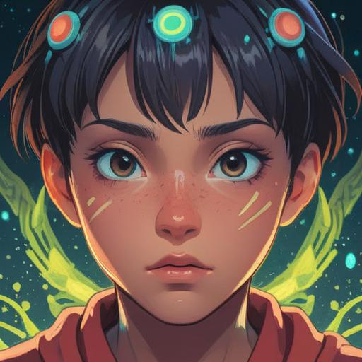 A close-up illustration of a person's forehead with a prominent pimple over the eyebrows, surrounded by glowing light and ethereal symbols, depicting spiritual energy and positive vibes, serene facial expression, mystical atmosphere, soft pastel colors, intricate details, 4k