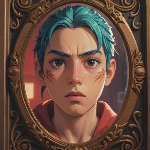 A person looking in the mirror with a concerned expression, a close-up on their forehead with a prominent pimple between the eyebrows, ethereal light surrounding the scene, hints of spiritual symbols like chakras and signs of awareness in the background, inner reflection and intuition, calming colors, symbolic imagery representing self-care and health, soft focus, 4k