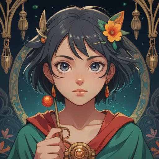 A vibrant illustration of a lucky charm for improving eyebrow acne, featuring a small, adorable talisman with bright colors, surrounded by fresh herbs and crystals, soft focus background, a happy character holding the charm, conveying positivity and healing, digital art style, rich details, uplifting atmosphere