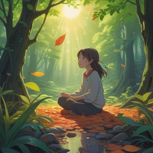 A serene and calming scene depicting a young person practicing mindfulness and self-care, surrounded by nature, gentle sunlight filtering through leaves, a journal and herbal tea on a nearby table, an atmosphere of tranquility, vibrant greenery, reflection and relaxation, holistic wellness, balance of mind and body, 4k
