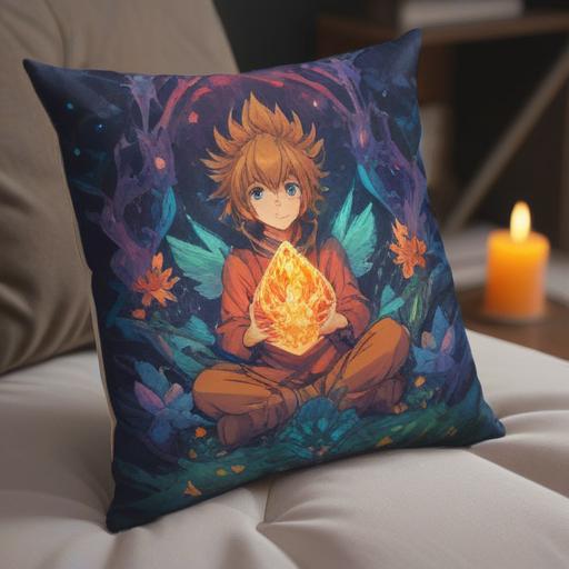 A mystical depiction of a lucky crystal, glowing with vibrant colors, placed gently on a soft, cozy cushion, surrounded by soothing elements like calming candles and gentle plants, evoking a sense of healing, serene atmosphere, radiant energy, intricate details, 4k