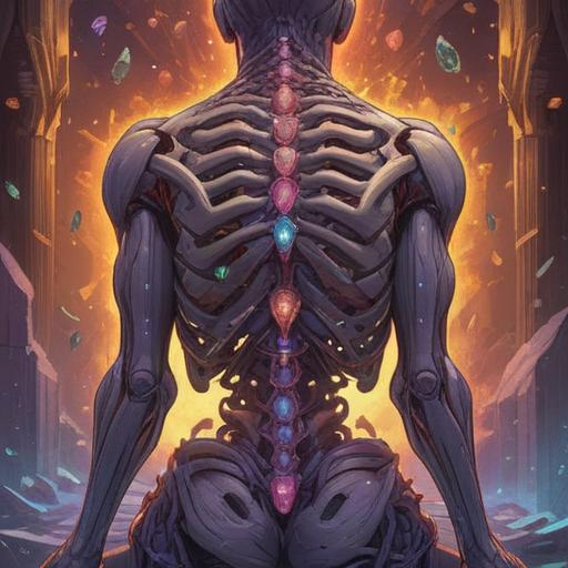 A medical illustration depicting the human spine highlighting the coccyx area in pain, surrounded by various lucky crystals like amethyst and citrine, a serene background with soft lighting, elements of healing and wellness, contrasting colors to emphasize pain and relief, a balance of natural and anatomical elements, educational yet visually engaging, 4k
