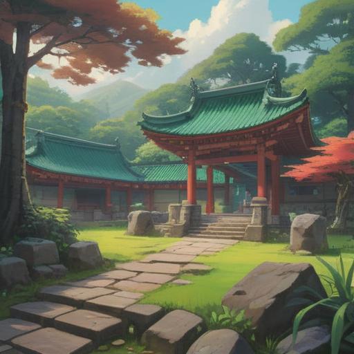 A serene and tranquil landscape featuring the Asuka Shrine, surrounded by lush green trees and ancient stone lanterns, a misty atmosphere enhancing its spiritual essence, ethereal light filtering through the branches, people in quiet meditation near the shrine, rich cultural symbols, harmony with nature, 4k