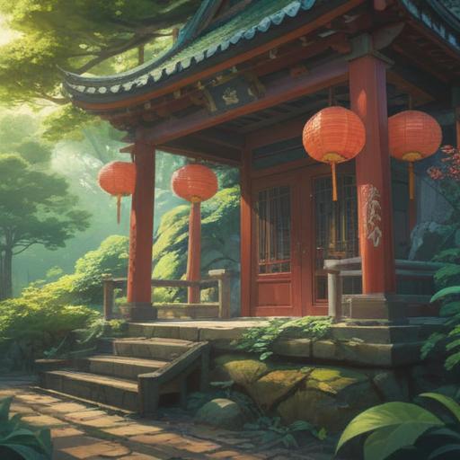 A serene illustration of Asuka Shrine, surrounded by lush greenery and gentle sunlight, conveying a sense of spiritual tranquility, ancient trees casting soft shadows, visitors meditating peacefully, ethereal light illuminating sacred spaces, symbols of good fortune, peaceful atmosphere, harmonious nature, 4k