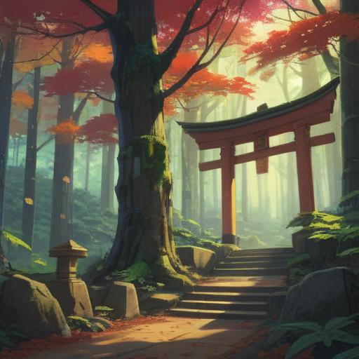 A serene scene at Asuka Shrine, a lush forest setting, ancient trees surrounding the shrine, ethereal light filtering through the leaves, a pathway leading to the shrine, subtle spiritual symbols in the air, peaceful ambiance, soft sounds of nature, a sense of tranquility, inviting atmosphere, a contemplative visitor observing the signs, 4k