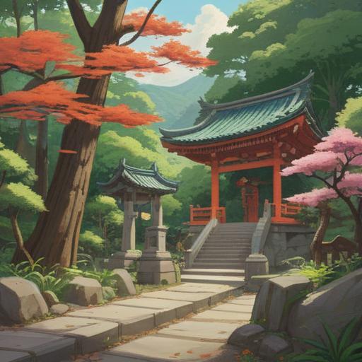 A serene scene at Asuka Shrine, visitors praying peacefully, traditional Japanese architecture, lush greenery surrounding the shrine, lucky charms displayed prominently, warm sunlight filtering through leaves, peaceful atmosphere, cultural richness, detailed textures, 4k