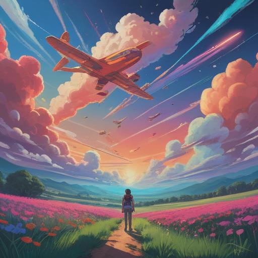 A serene landscape with numerous contrails in the sky, symbolizing connection and transcendence, fluffy clouds surrounding the airplanes, a vibrant sunset casting warm hues, people meditating below, awe-inspiring views, tranquil energy, deep blue sky, 4k