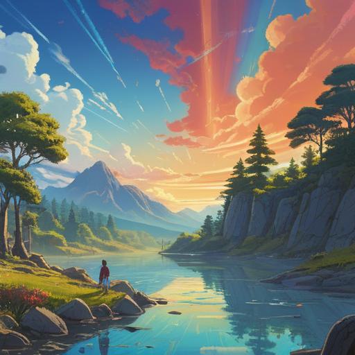 A serene landscape with a bright blue sky filled with numerous contrails, vibrant sunlight shining through, symbolic elements of positivity and spirituality, ethereal clouds forming shapes, hints of a rainbow in the distance, peaceful atmosphere, nature's beauty, inspirational vibes, harmony and balance, 4k