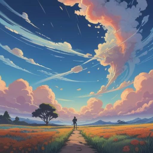 A serene landscape filled with numerous contrails in the sky, vibrant blue backdrop, ethereal clouds intertwining with the trails, mystical symbols subtly appearing among the clouds, reflective water surface below mirroring the sky, tranquil atmosphere, inviting spiritual energy, vast horizon, 4k