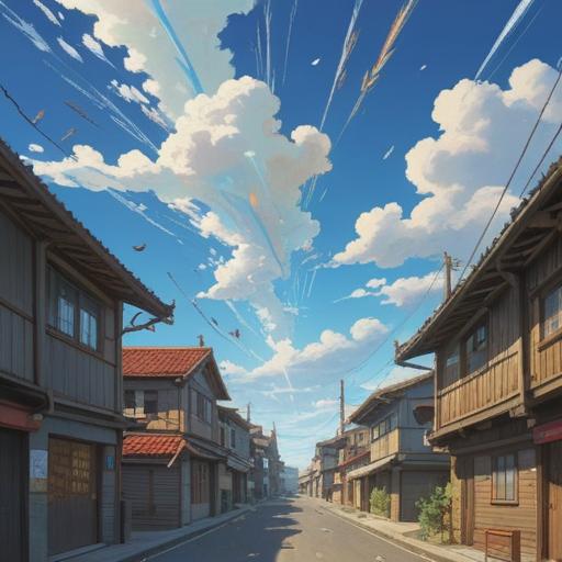 A vibrant illustration of a sky filled with numerous contrails from passing airplanes, symbols of good luck scattered throughout, bright blue sky as the background, fluffy white clouds adding depth, a radiant sun shining down, cheerful atmosphere, whimsical elements like lucky charms floating in the air, 4k